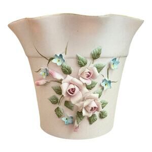 Vintage Lefton China Handpainted “Pink Roses” Fluted Planter Bisque Cottagecore